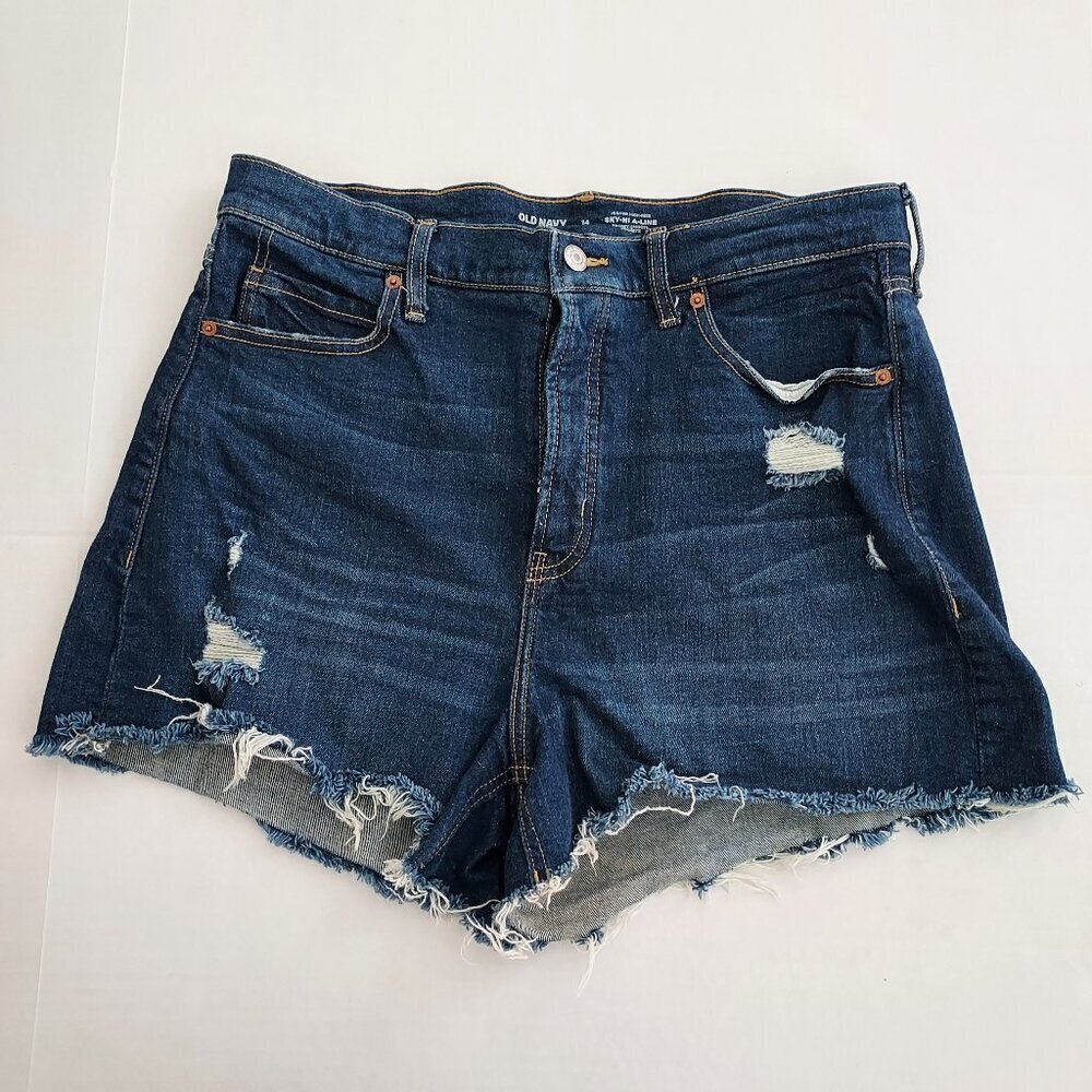 Old Navy Higher Hi Rise Sky-Hi A-Line Raw Hem Jean Shorts Size 14